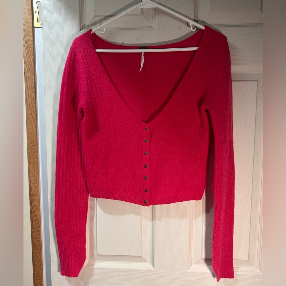 Free People Pink Button-Up Cashmere Cropped Cardigan
